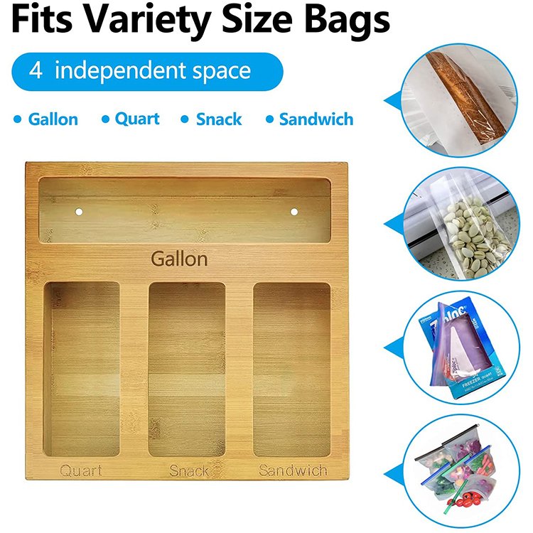 Drawer Organizers Private Label Food Storage Bag Bamboo Ziplock Bag Storage Organizer For Gallon, Quart, Sandwich & Snack