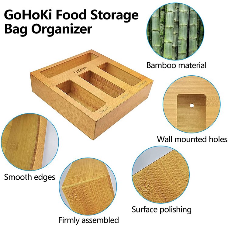 Drawer Organizers Private Label Food Storage Bag Bamboo Ziplock Bag Storage Organizer For Gallon, Quart, Sandwich & Snack