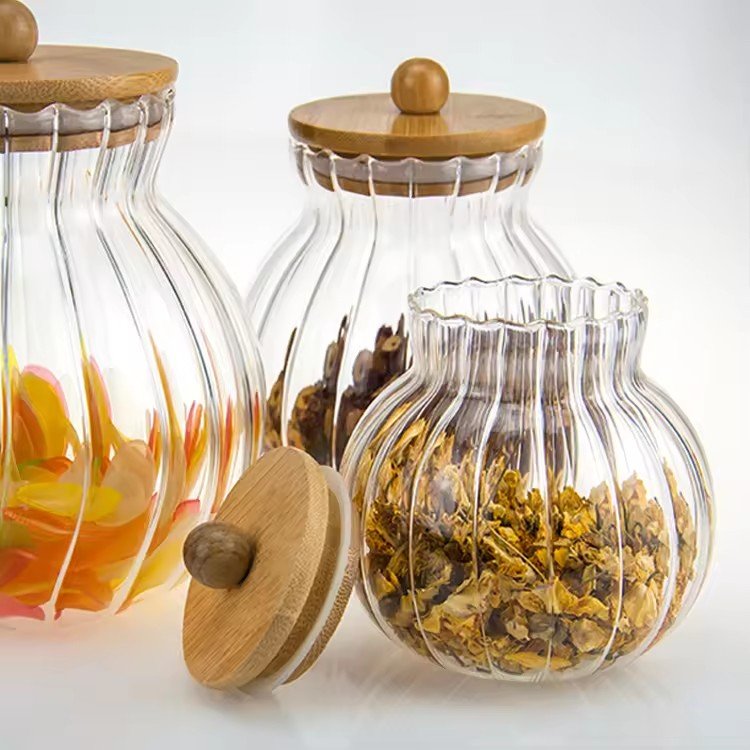 Custom Pumpkin Clear Glass Jars Kitchen Food Storage Container Food Grade Glass High Borosilicate Glass Jar With Bamboo Lid