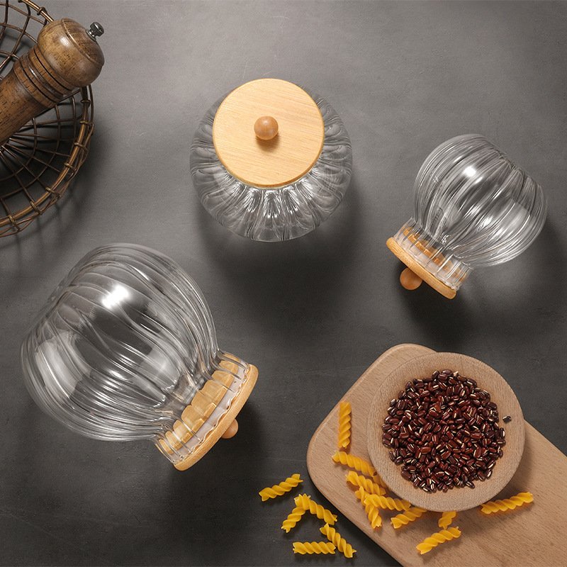 Custom Pumpkin Clear Glass Jars Kitchen Food Storage Container Food Grade Glass High Borosilicate Glass Jar With Bamboo Lid