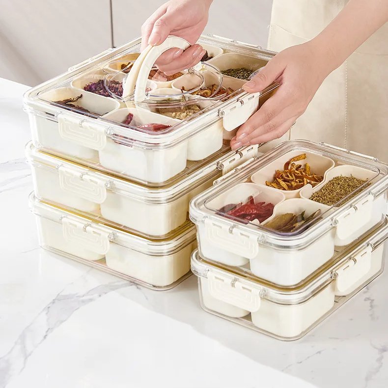 Kitchen sealed spice storage box Food grade 4-panel transparent seasoning box Refrigerator crisper