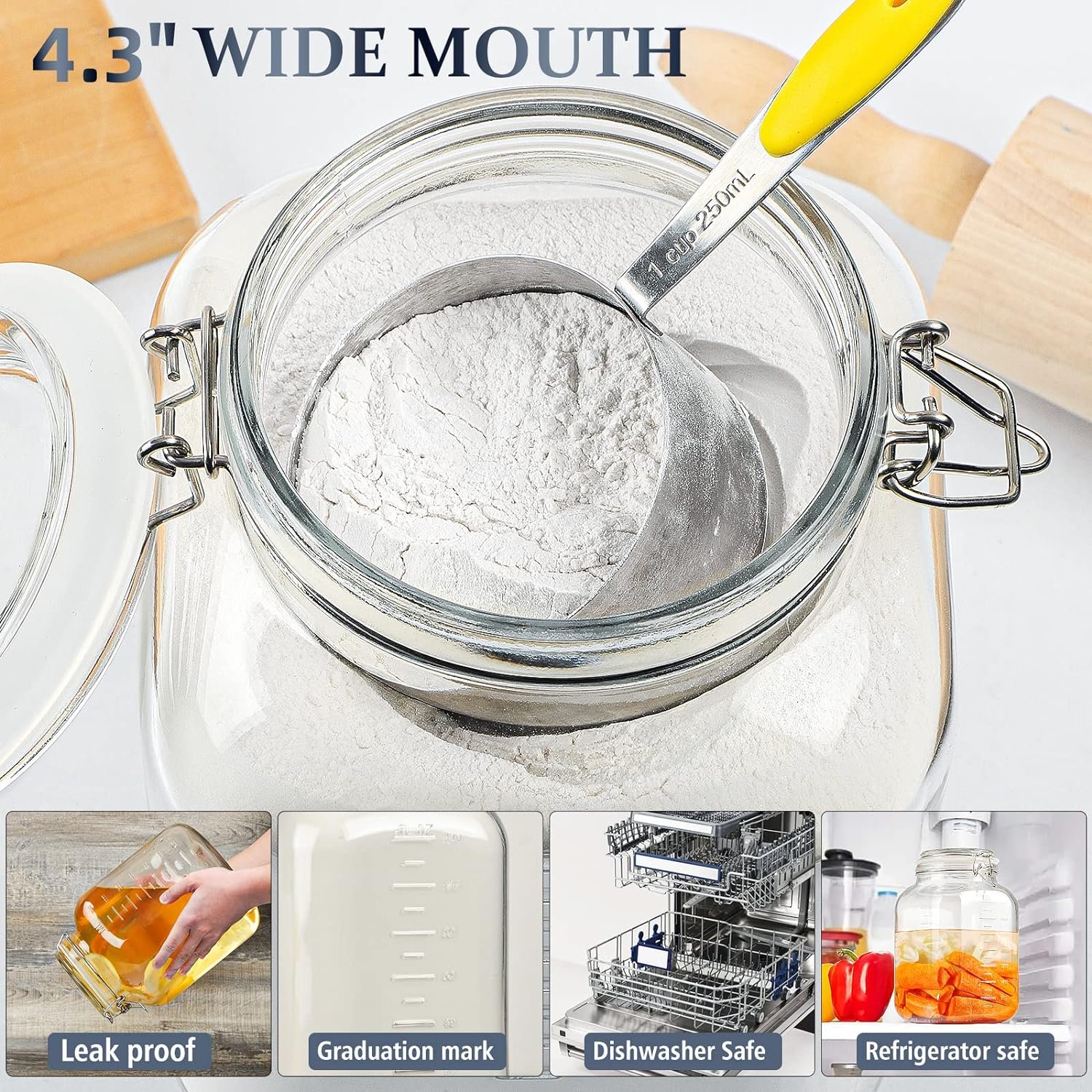 YOLOWE HOME 1 Gallon Super Wide-Mouth Glass Jars Square Airtight Lids Large Capacity 4100 ML 2 Food Storage Container