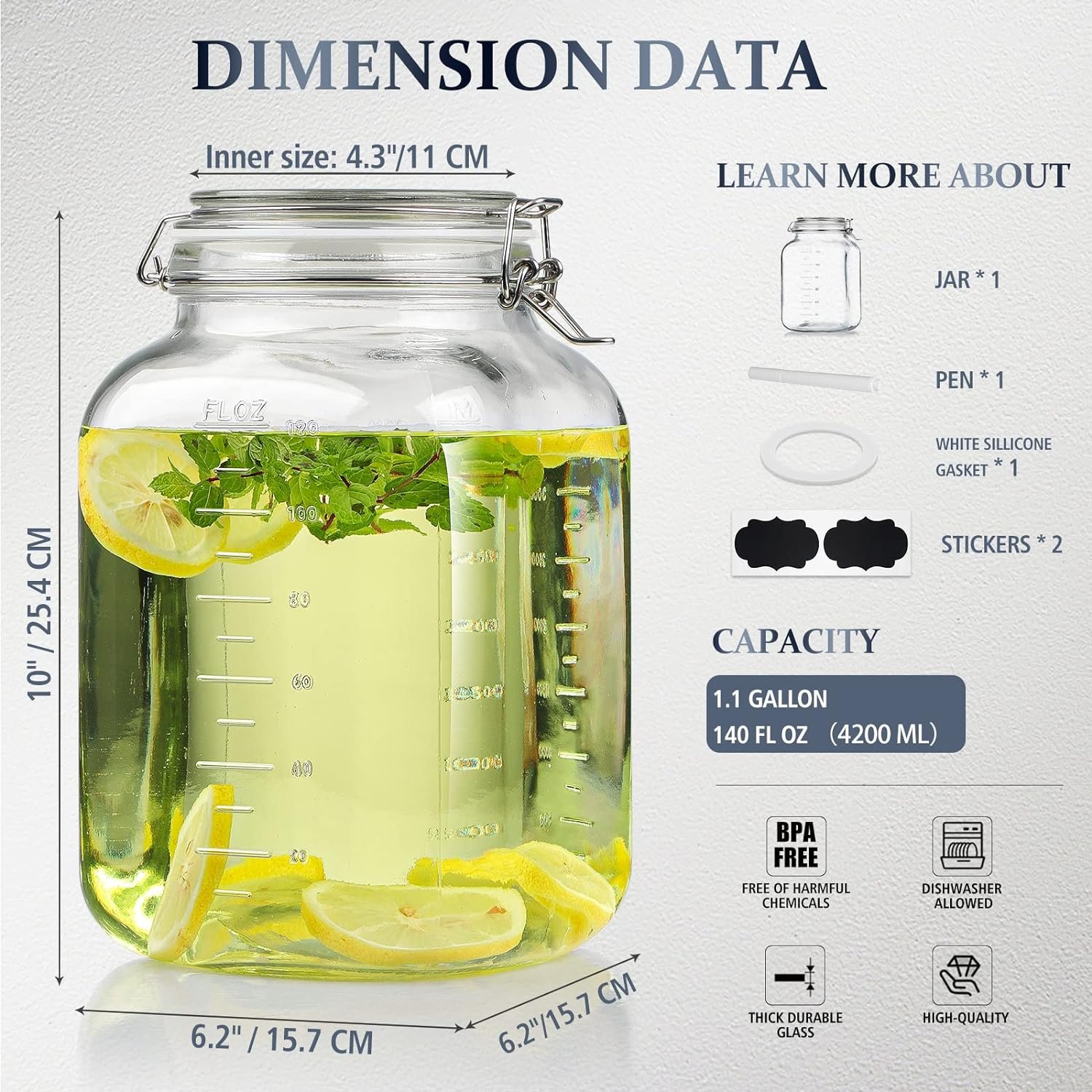 YOLOWE HOME 1 Gallon Super Wide-Mouth Glass Jars Square Airtight Lids Large Capacity 4100 ML 2 Food Storage Container