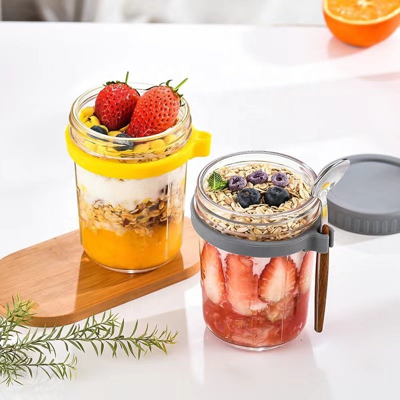 Wide Mouth 14oz 400ml Glass Container Jar Food Storage Oats Glass Jar with Spoon for Breakfast