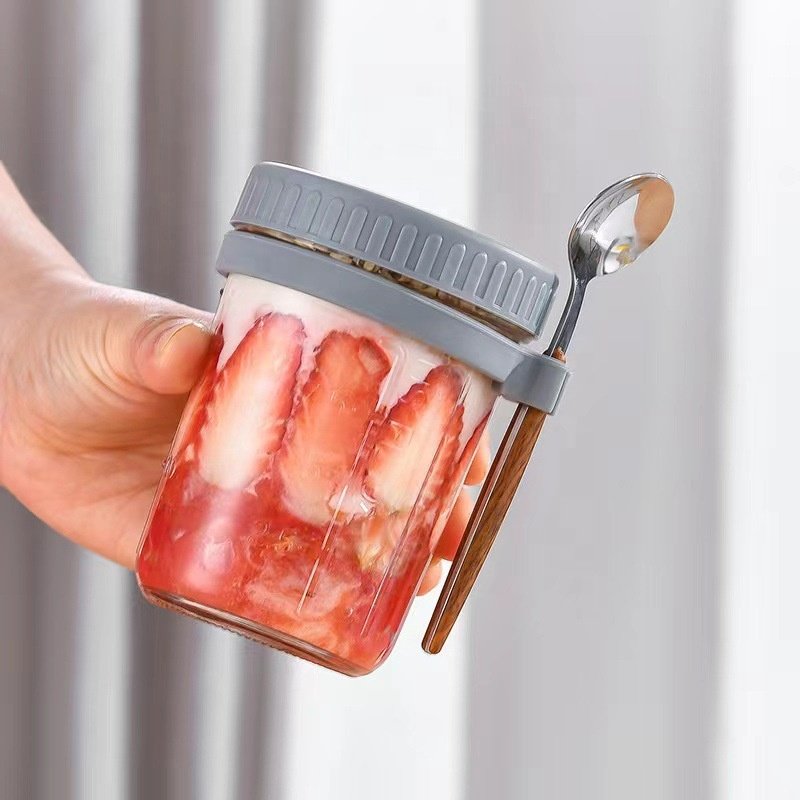 Wide Mouth 14oz 400ml Glass Container Jar Food Storage Oats Glass Jar with Spoon for Breakfast