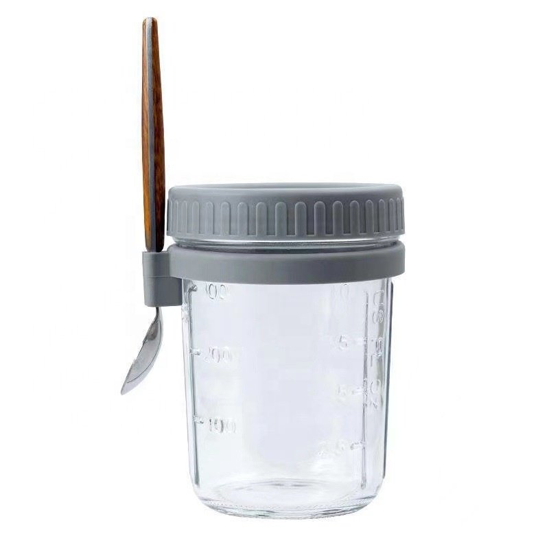 Wide Mouth 14oz 400ml Glass Container Jar Food Storage Oats Glass Jar with Spoon for Breakfast