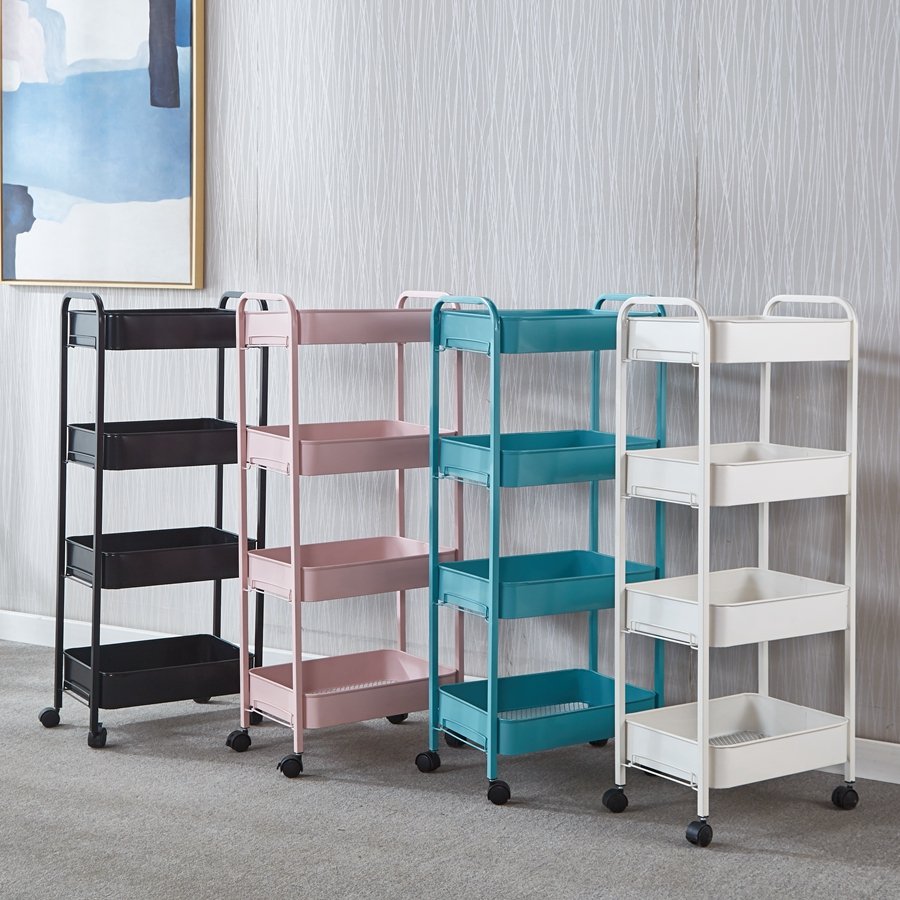 Square Steel Tube Four-tier Trolley Cart With Large Storage Box And Metal Wheels
