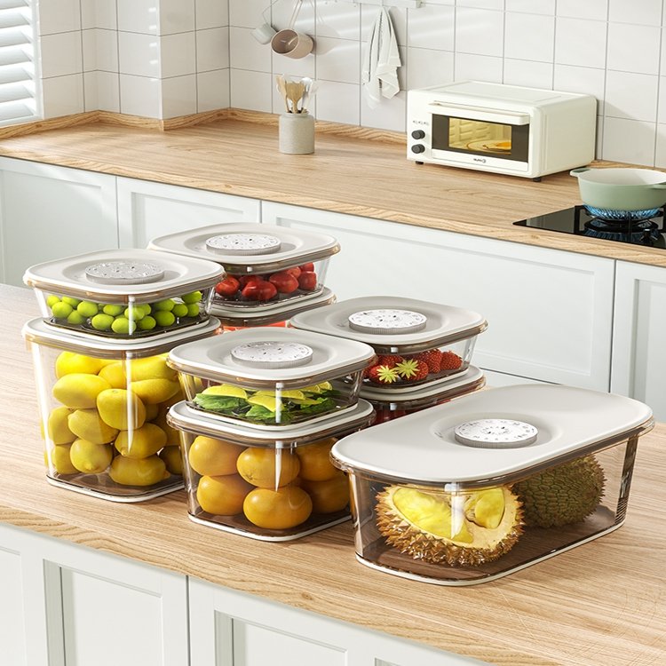 Kitchen PET Refrigerator Food Storage Box Container Timer Clear Plastic Stackable Food Fridge Organizer