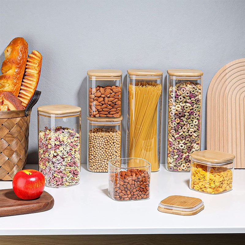 Kitchen Canisters Glass Food Storage Jars with Bamboo Wooden Lids For Sugar Candy Containers Set
