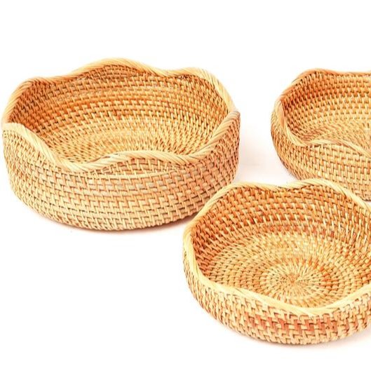 Unique Design Set of 3 Hand-woven Round Rattan Fruit Basket and Food Storage