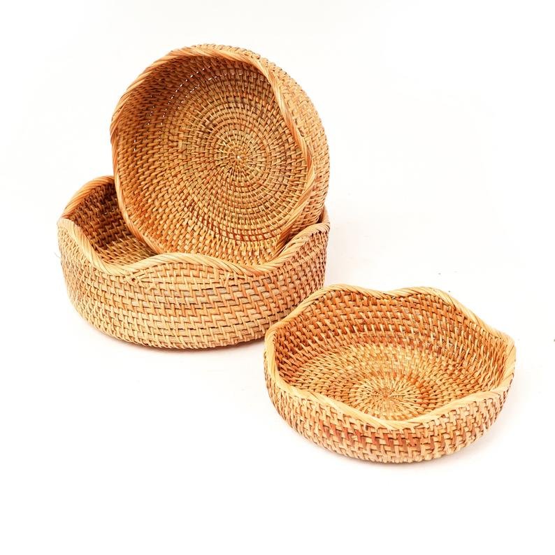Unique Design Set of 3 Hand-woven Round Rattan Fruit Basket and Food Storage