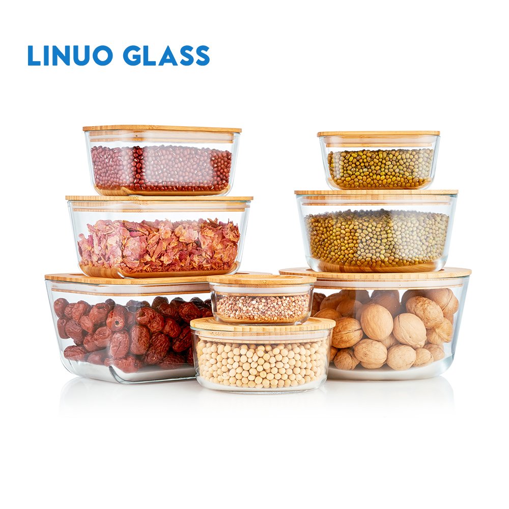 Linuo Oem 8Pcs Eco Friendly Heat Resistant Glass Lunch Box Food Storage Container Bamboo Lid Set