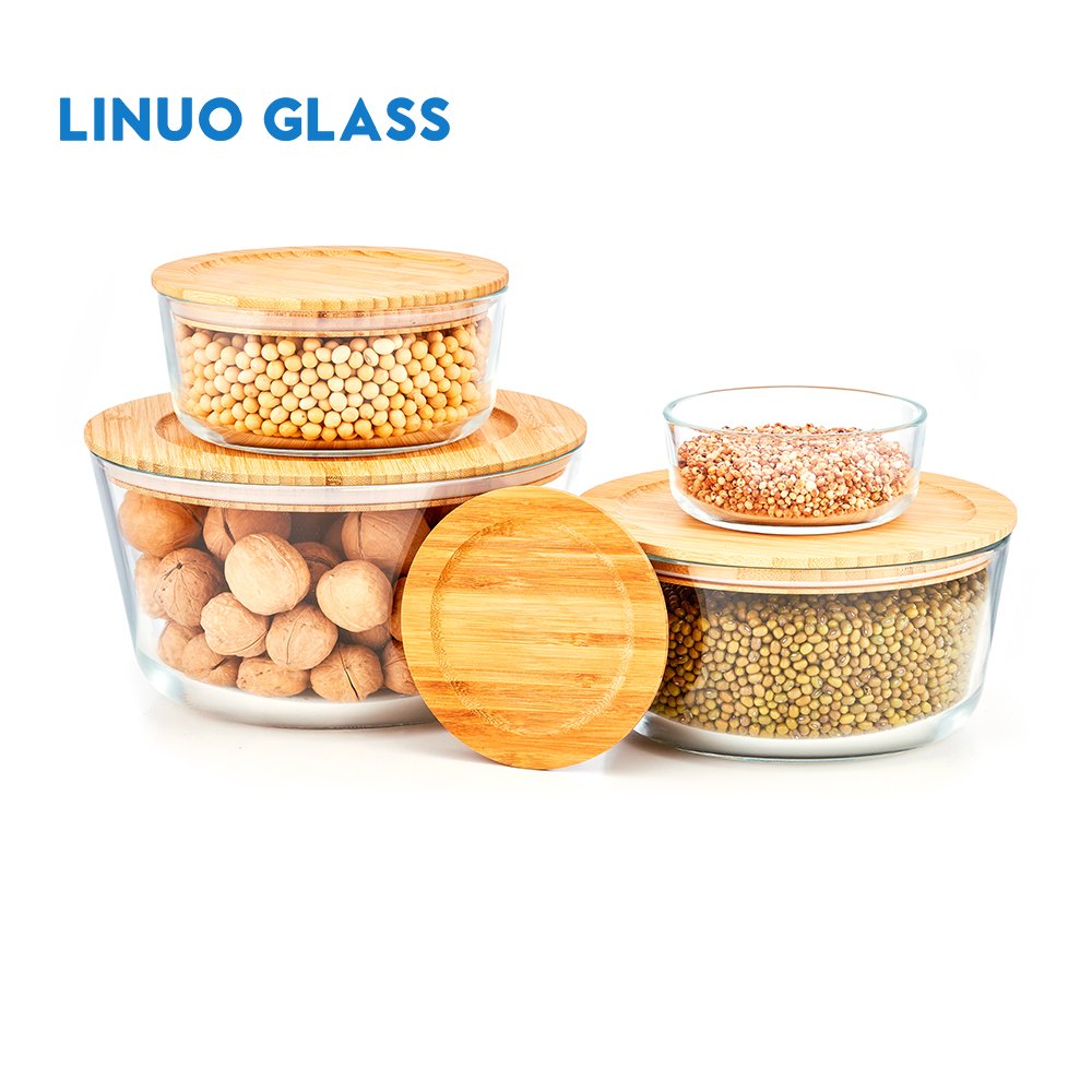 Linuo Oem 8Pcs Eco Friendly Heat Resistant Glass Lunch Box Food Storage Container Bamboo Lid Set