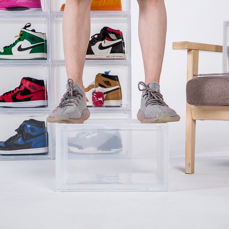 Customized Logo Stackable Shoe Storage Box Crates Modern Design Clear Foldable Plastic Sneaker Storage Box Shoe Box