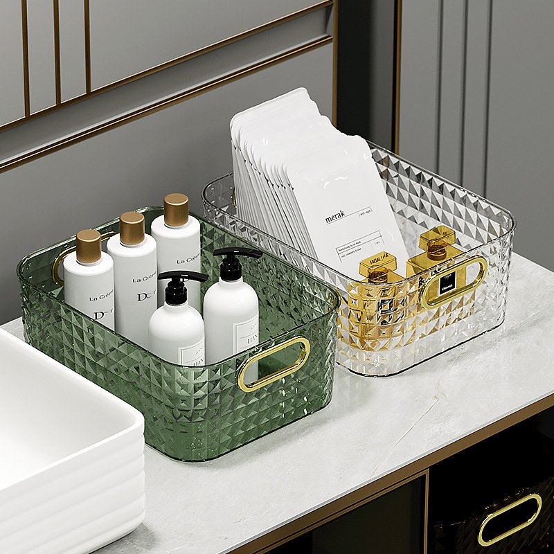 Transparent Diamond Plastic Storage Box with Handle for Cosmetics Sundries Snacks Storage Basket Sorting Box