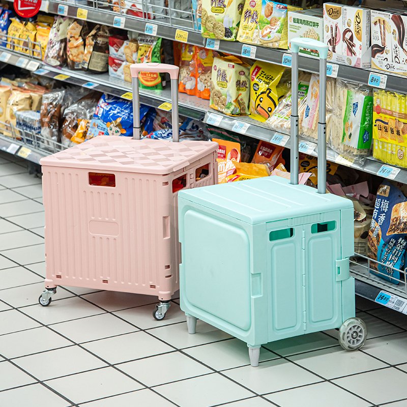 Supermarket Seat Foldable Luggage Trolleys Movable 4-Wheel Food Cart with Large Storage Box Plastic Material for Tool Use