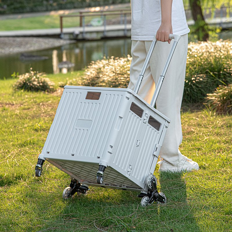 Supermarket Seat Foldable Luggage Trolleys Movable 4-Wheel Food Cart with Large Storage Box Plastic Material for Tool Use