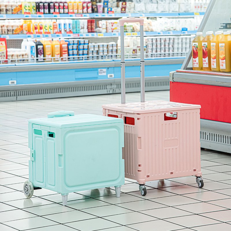Supermarket Seat Foldable Luggage Trolleys Movable 4-Wheel Food Cart with Large Storage Box Plastic Material for Tool Use