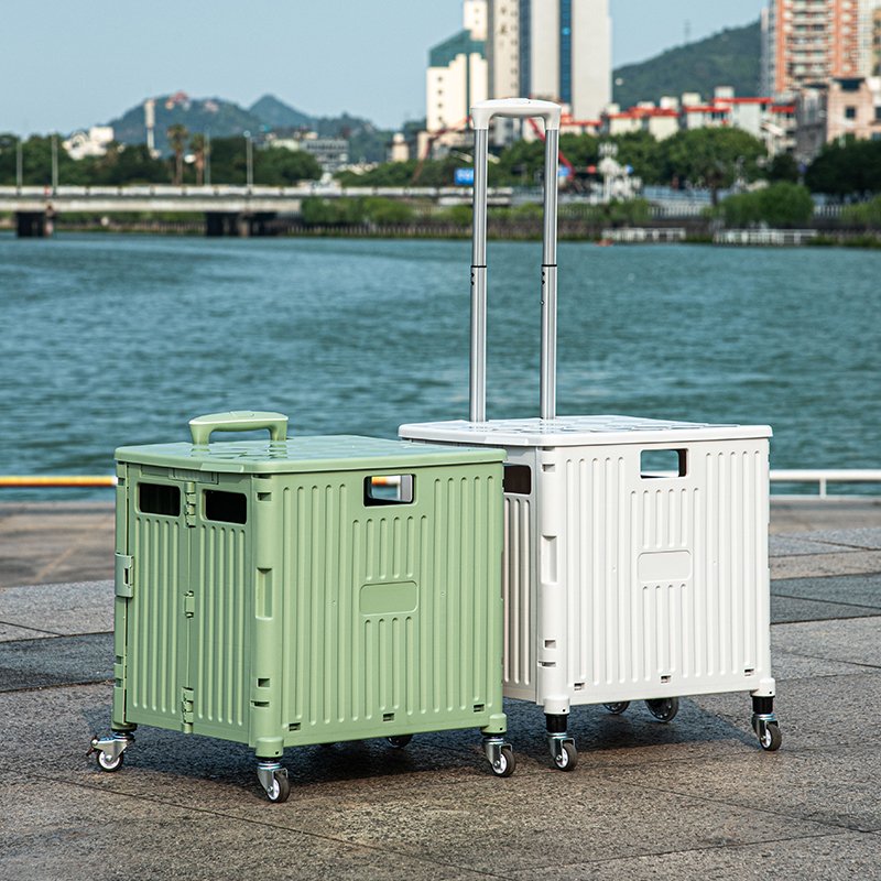 Supermarket Seat Foldable Luggage Trolleys Movable 4-Wheel Food Cart with Large Storage Box Plastic Material for Tool Use