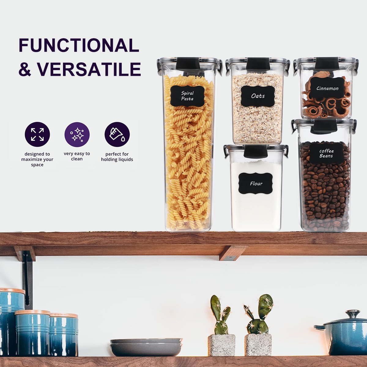 5 Packs Easy to Lock Cereal Food Storage Container Set with Lid BPA Free with Airtight Kitchen Container Home Storage & Organize