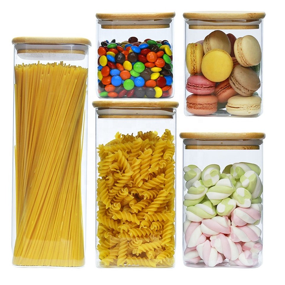 Square Air tight Borosilicate Glass Spice Storage Container Canister Jar with Bamboo Lid for Candy Cookies Pasta