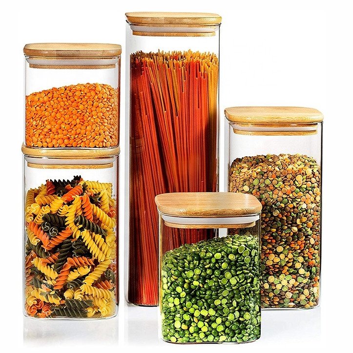 Square Air tight Borosilicate Glass Spice Storage Container Canister Jar with Bamboo Lid for Candy Cookies Pasta