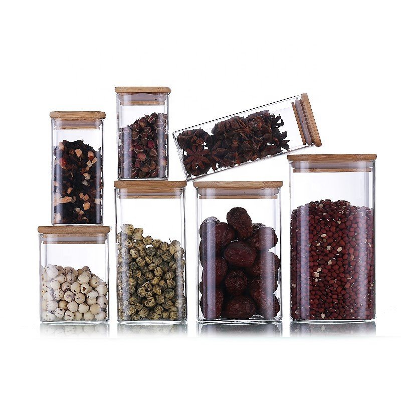 Square Air tight Borosilicate Glass Spice Storage Container Canister Jar with Bamboo Lid for Candy Cookies Pasta