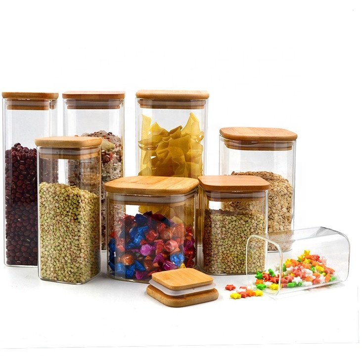 Square Air tight Borosilicate Glass Spice Storage Container Canister Jar with Bamboo Lid for Candy Cookies Pasta