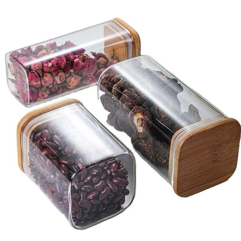 Square Air tight Borosilicate Glass Spice Storage Container Canister Jar with Bamboo Lid for Candy Cookies Pasta
