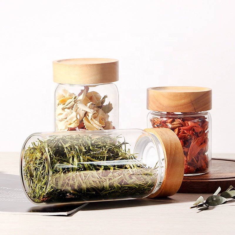 Wholesale Kitchen Storage Jar Container Thread Type Borosilicate Glass Food Storage Jars With Airtight Acacia Wooden Screw Lid
