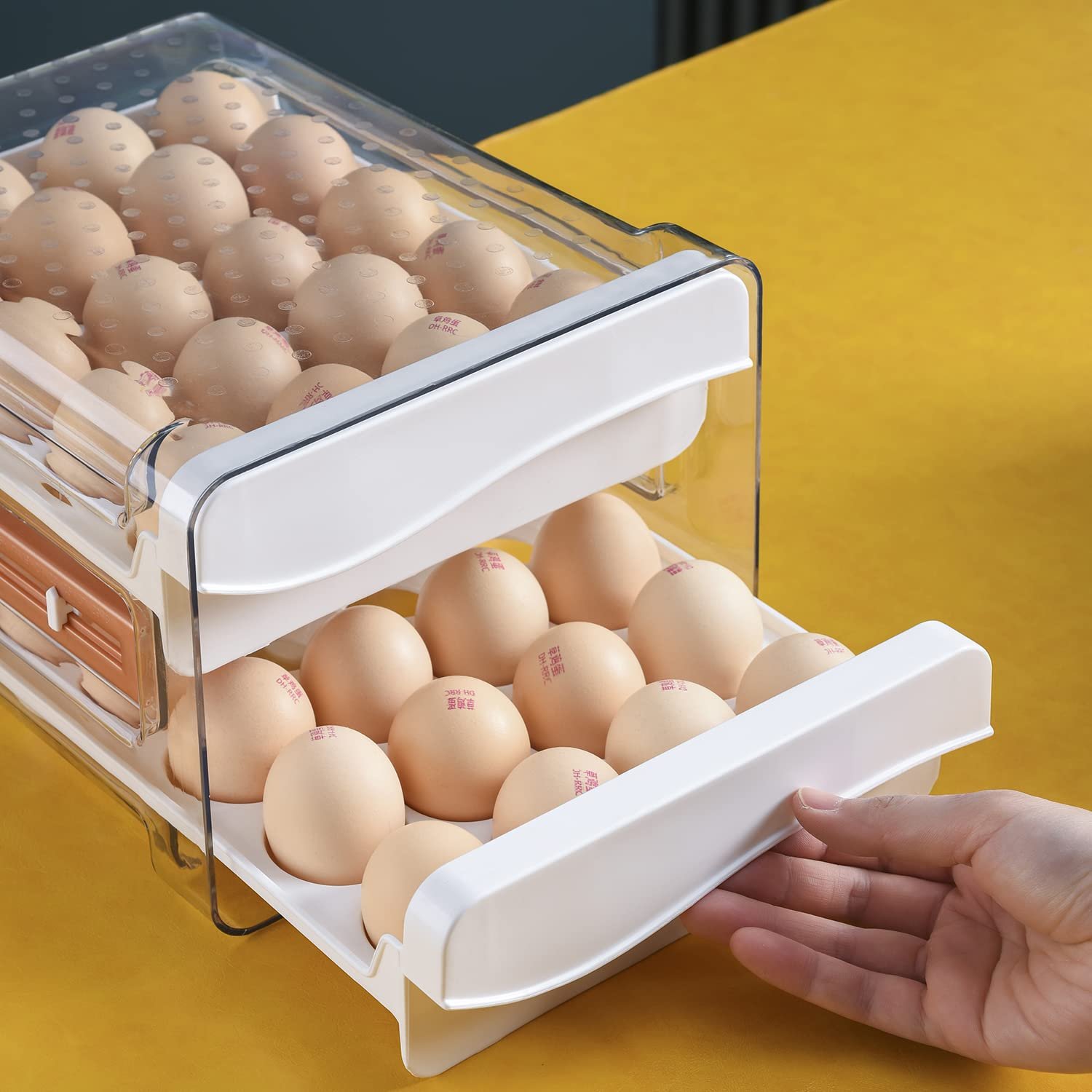 2 Drawers Egg Holder Storage Container With Freshness Timer For Refrigerator
