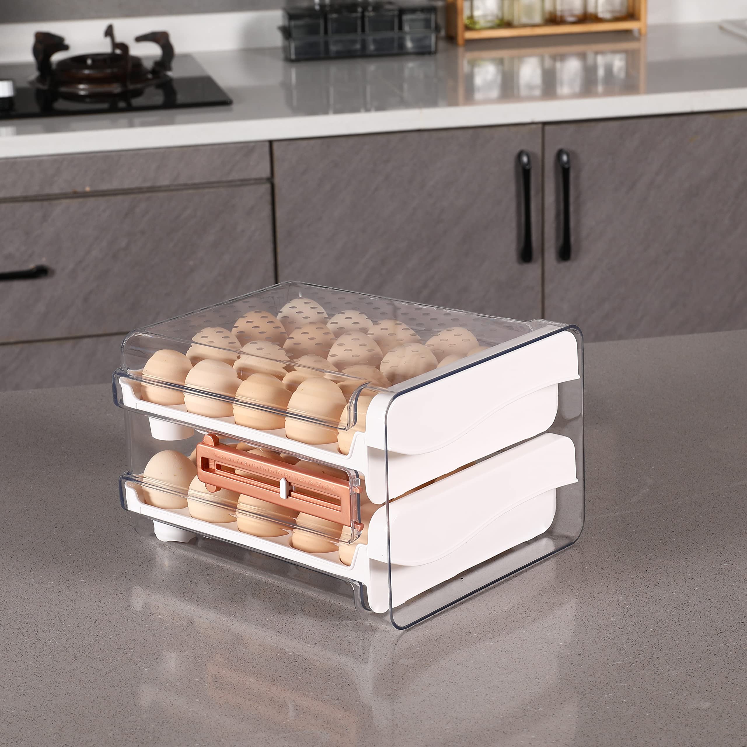 2 Drawers Egg Holder Storage Container With Freshness Timer For Refrigerator
