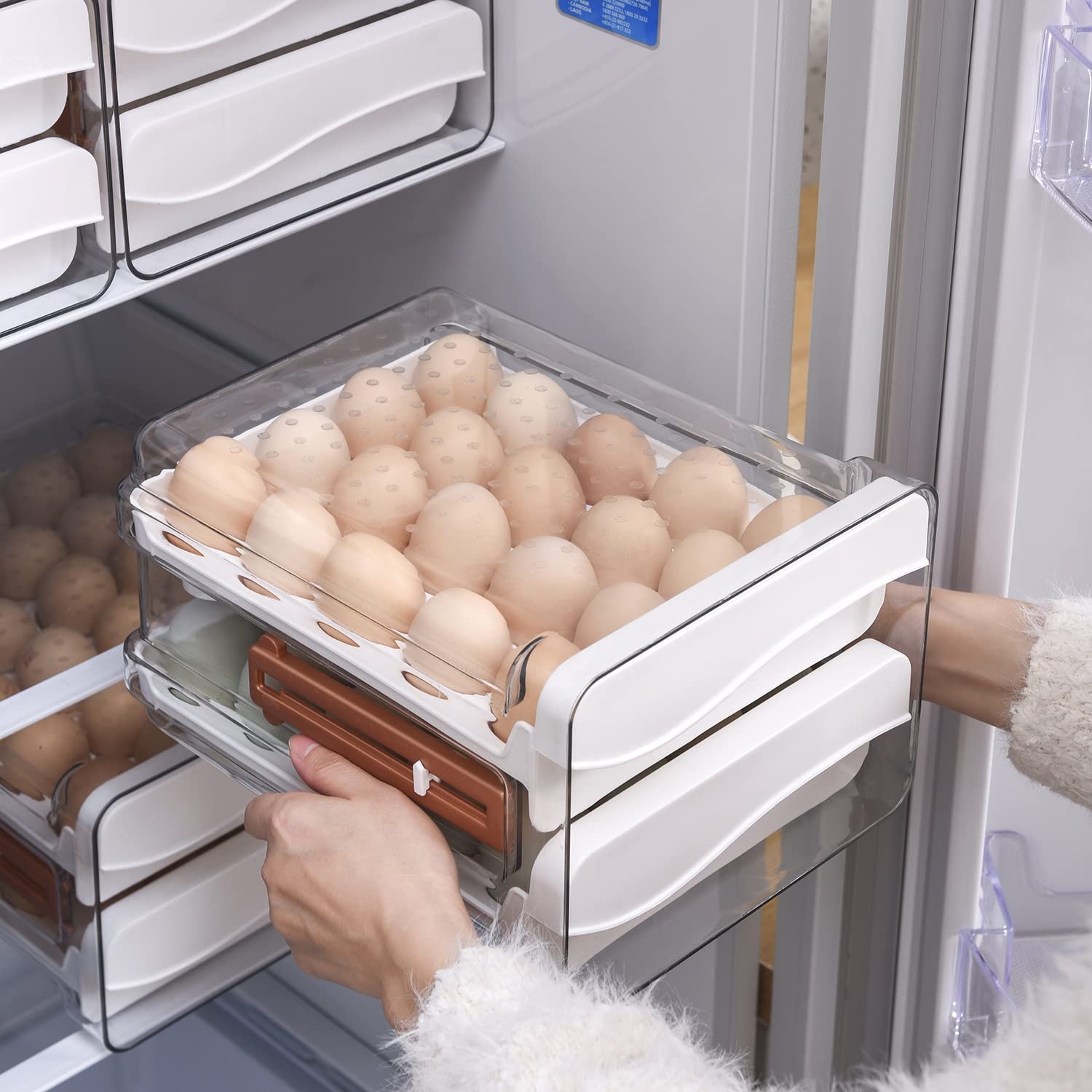 2 Drawers Egg Holder Storage Container With Freshness Timer For Refrigerator