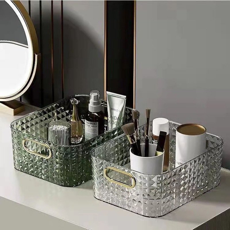 Makeup Storage Bin Open Compartment Clear Plastic Organize Desk Storage Box With Handle