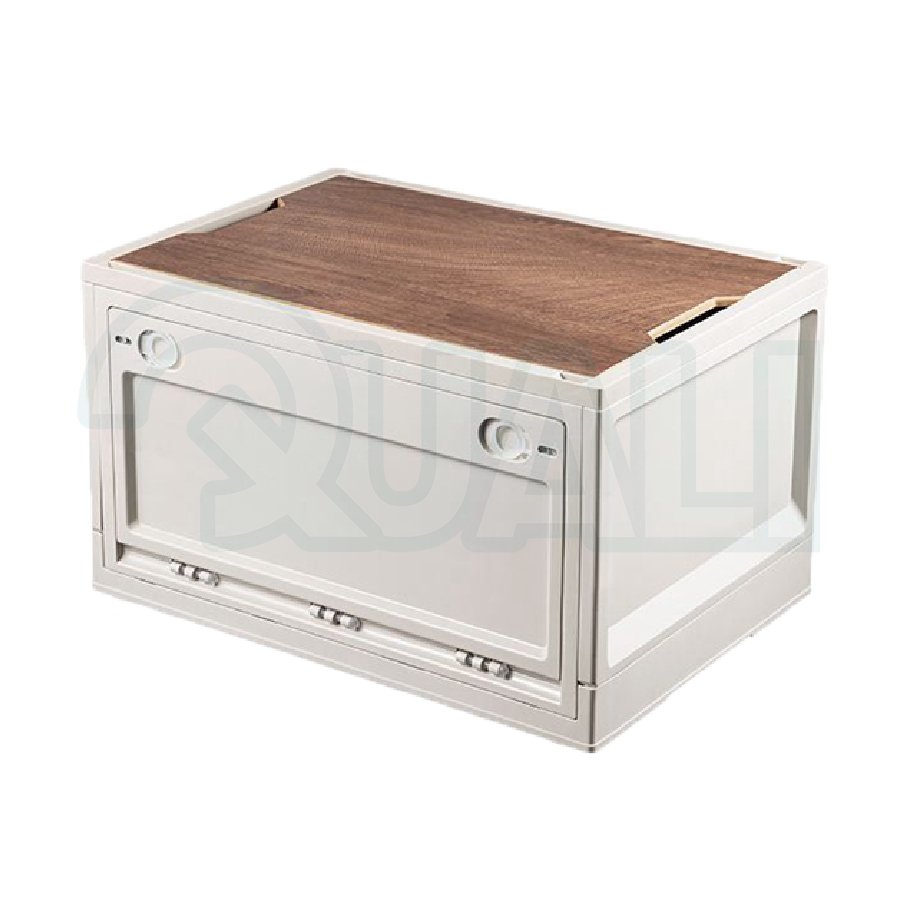 Quali New Coming Plastic Storage Box With Wooden Lid Two Open Doors Camping Folding Box
