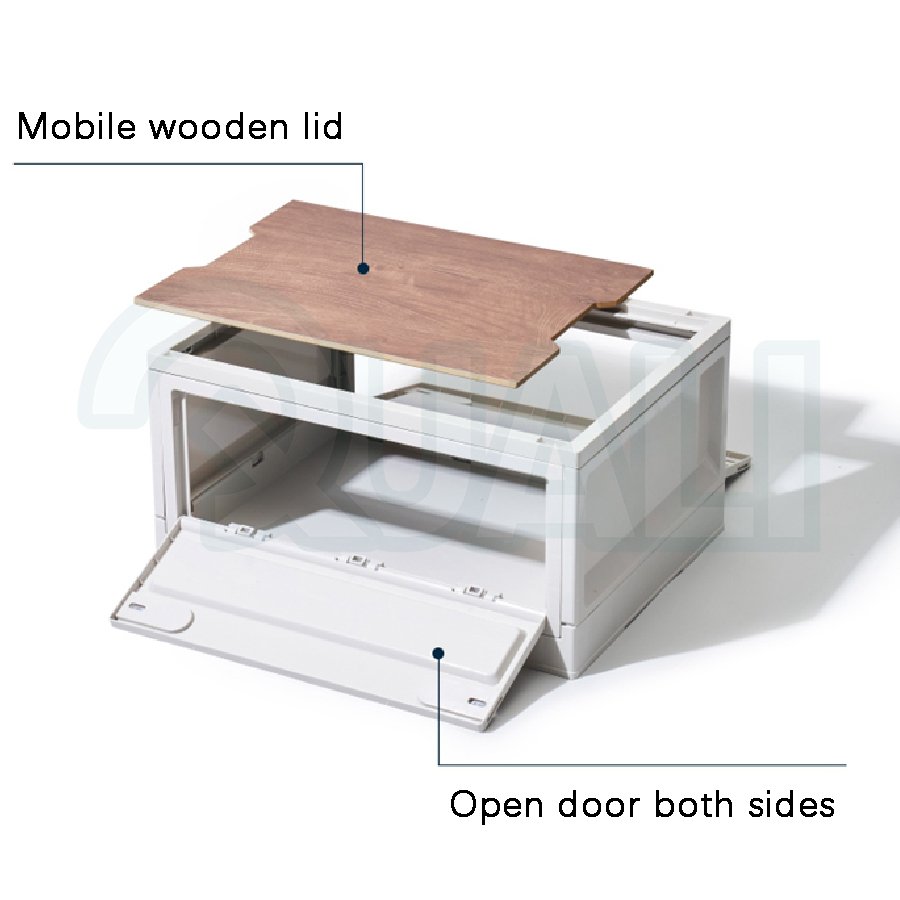 Quali New Coming Plastic Storage Box With Wooden Lid Two Open Doors Camping Folding Box