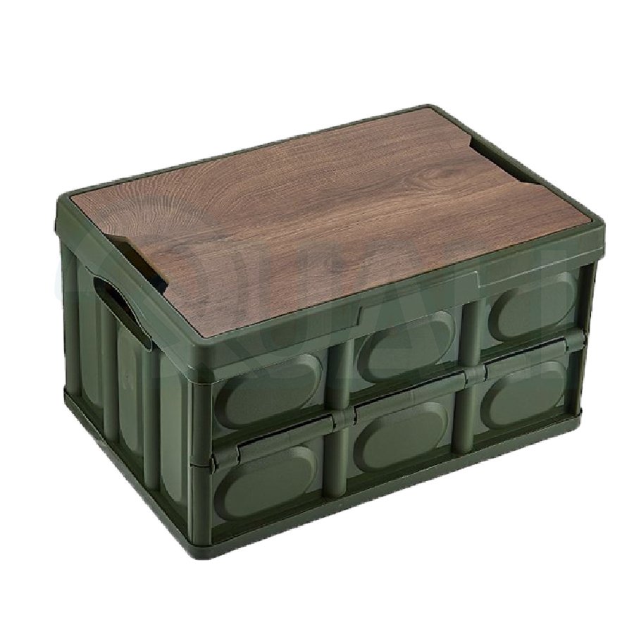Quali New Coming Plastic Storage Box With Wooden Lid Two Open Doors Camping Folding Box