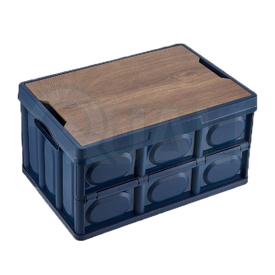 Quali New Coming Plastic Storage Box With Wooden Lid Two Open Doors Camping Folding Box