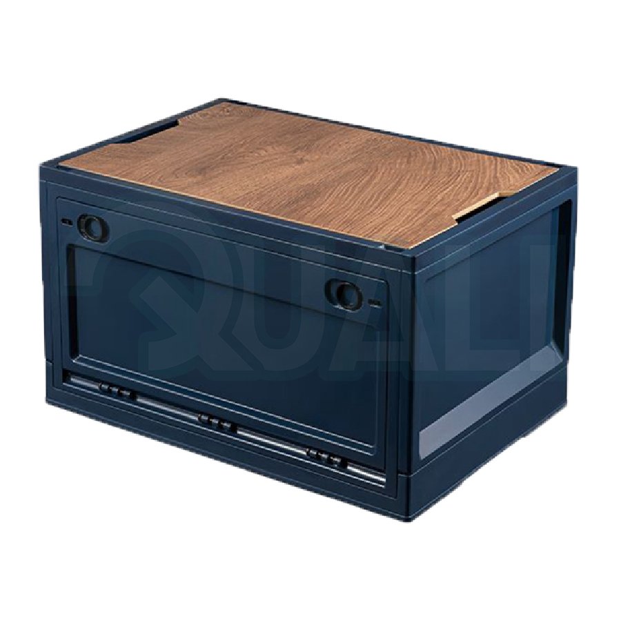 Quali New Coming Plastic Storage Box With Wooden Lid Two Open Doors Camping Folding Box