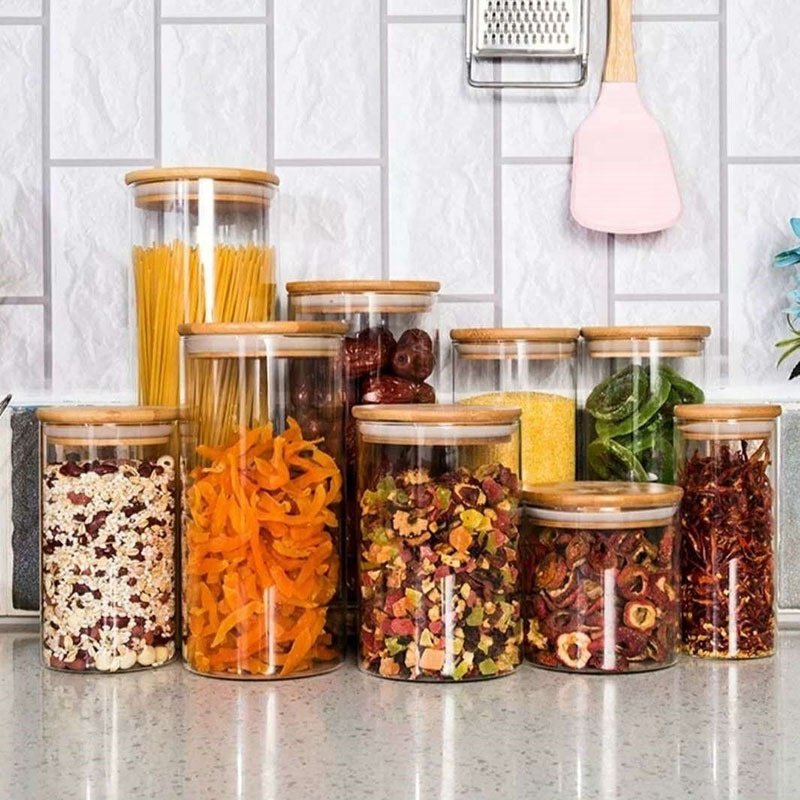 8.5cm 12pcs Set High Airtight Kitchen Food Storage Container Organizers Glass Spice Jar with Bamboo Lids