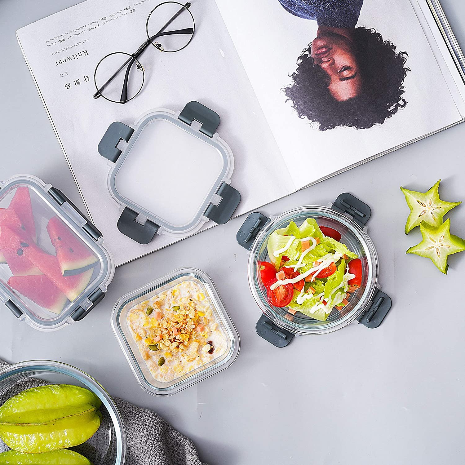 Office Lunch Box Rectangle Glass Food Storage Containers Sets with Locking Leakproof Lids