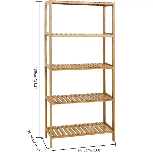 Freestanding 5 Tiers Bamboo Storage Rack Wood Book Shelf For Bathroom,Living Room And Office