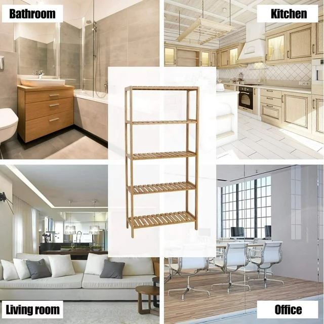 Freestanding 5 Tiers Bamboo Storage Rack Wood Book Shelf For Bathroom,Living Room And Office