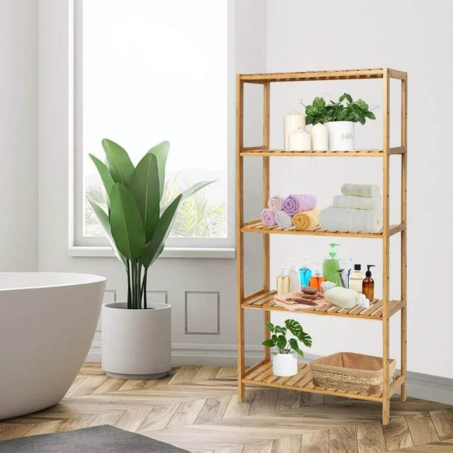 Freestanding 5 Tiers Bamboo Storage Rack Wood Book Shelf For Bathroom,Living Room And Office