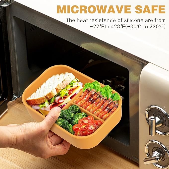 3 Compartments Cases Food Grade Silicone Leak Proof Lunch Box for Food Storage Containers with Lips Bpa Free for Children Adults