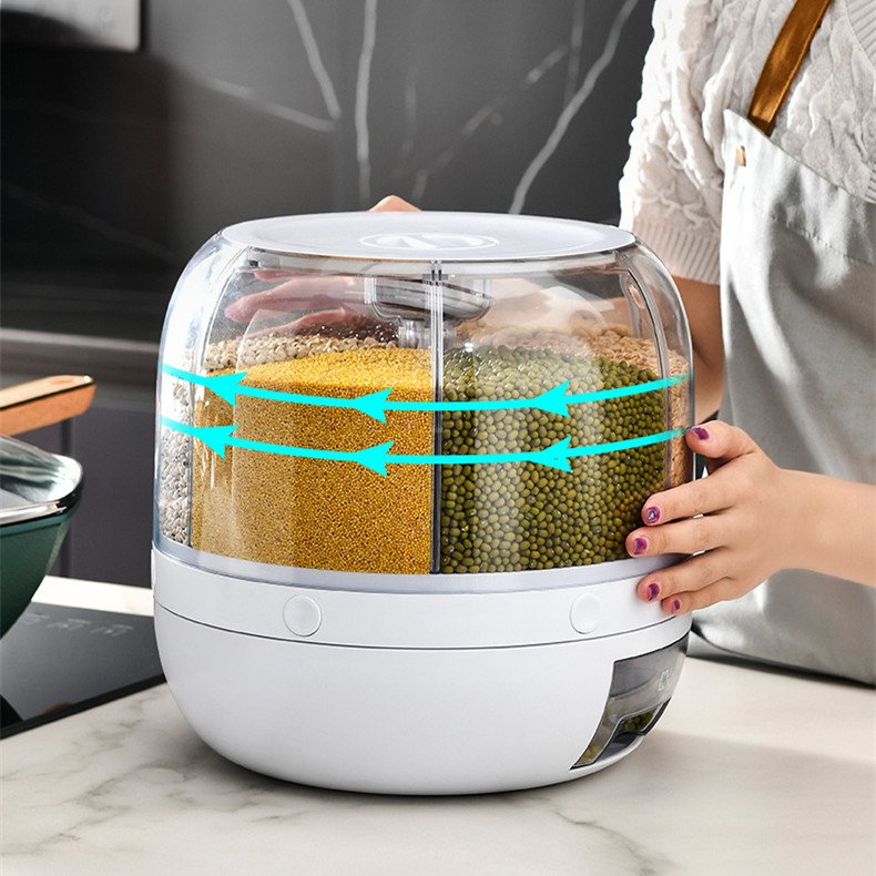 Plastic Kitchen Moisture-Proof 6-Grid Rotating Food Grain Dispenser Cereal Storage Box Rice Container Dispenser