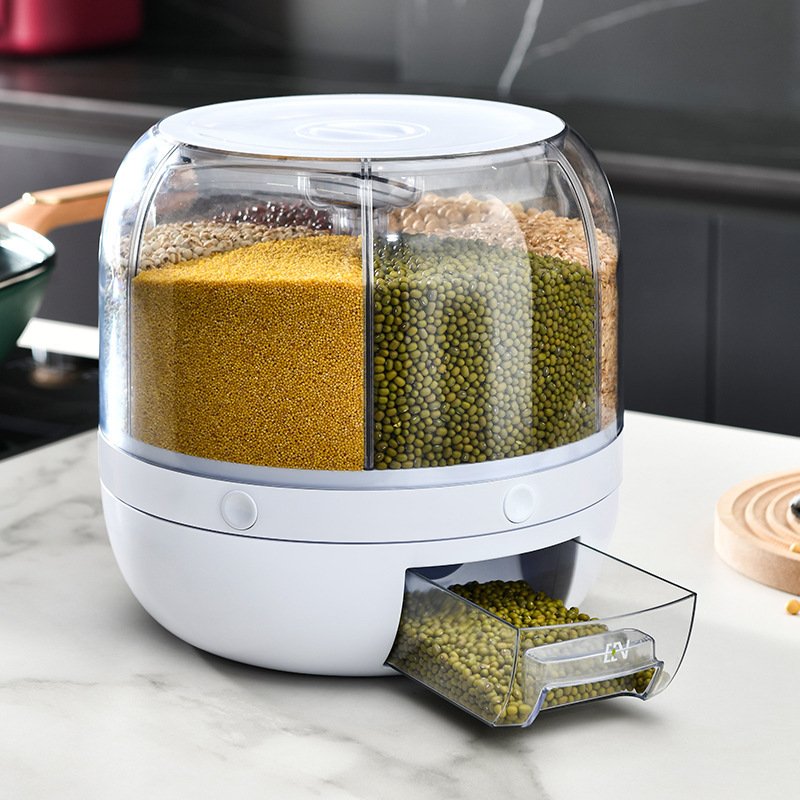 Plastic Kitchen Moisture-Proof 6-Grid Rotating Food Grain Dispenser Cereal Storage Box Rice Container Dispenser