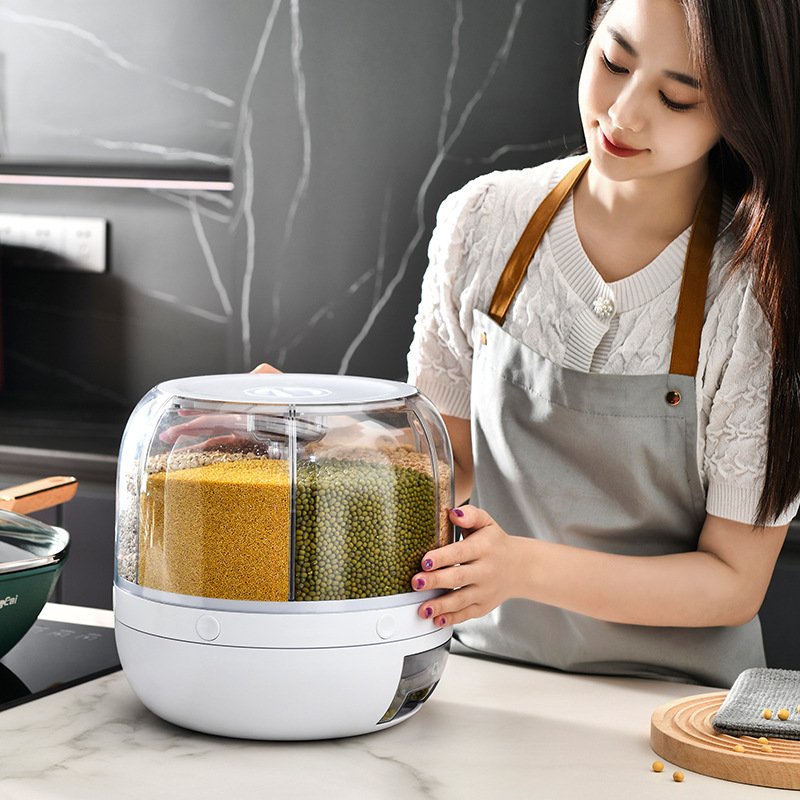 Plastic Kitchen Moisture-Proof 6-Grid Rotating Food Grain Dispenser Cereal Storage Box Rice Container Dispenser
