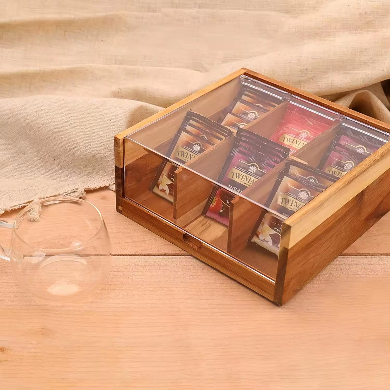 Hot Selling Wholesale Acacia Wood Tea Box 6 Compartment Tea Bag Organizer Storage Box with Acrylic Lid