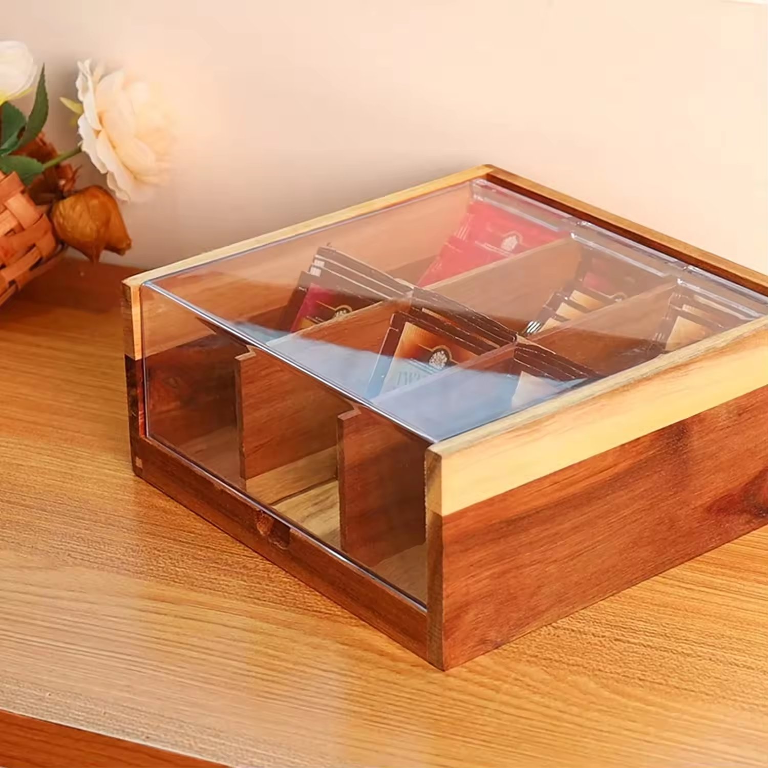 Hot Selling Wholesale Acacia Wood Tea Box 6 Compartment Tea Bag Organizer Storage Box with Acrylic Lid